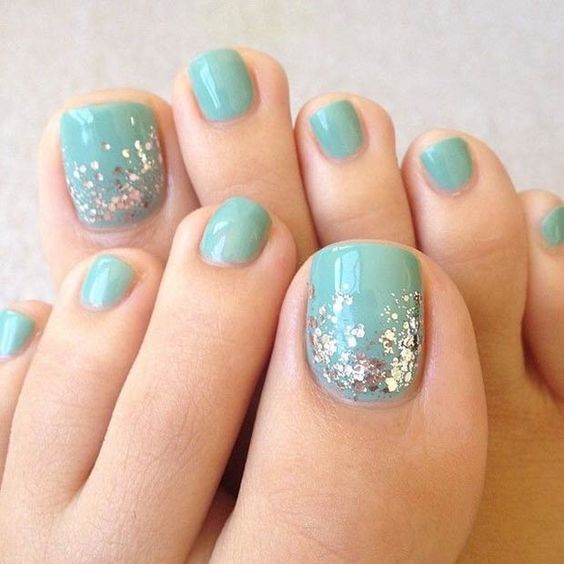 Blue Toe Nails with Glitter via