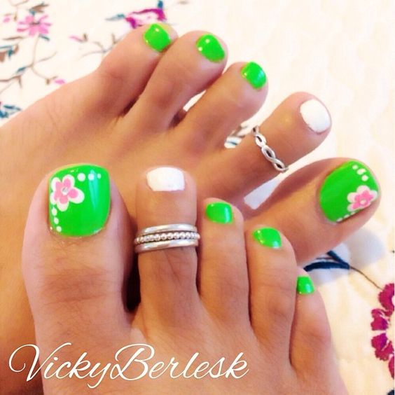 Green Nails with Flowers via