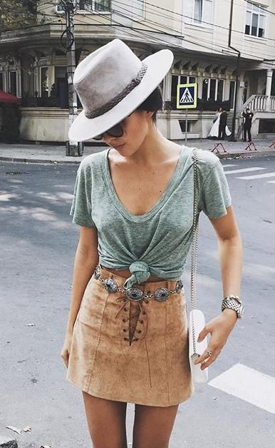 Green T-shirt and Suede Skirt via