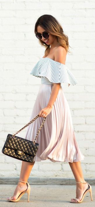 Off-shoulder Top and Pleated Skirt via
