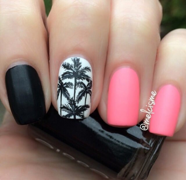 Pink and Black Nails with Palm Tree via