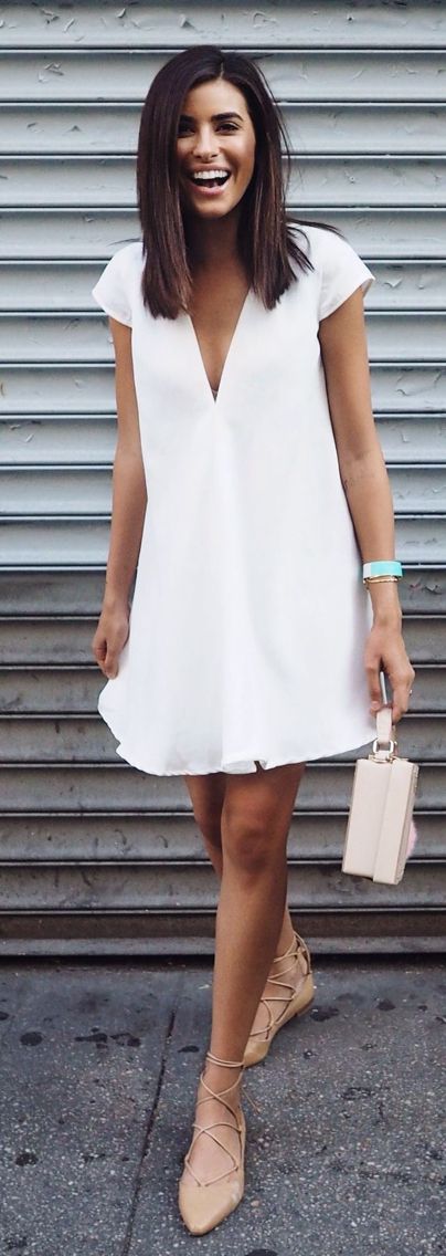 V-neck White Dress and Flats via