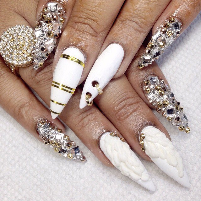 White Nails with Rings and Gems via