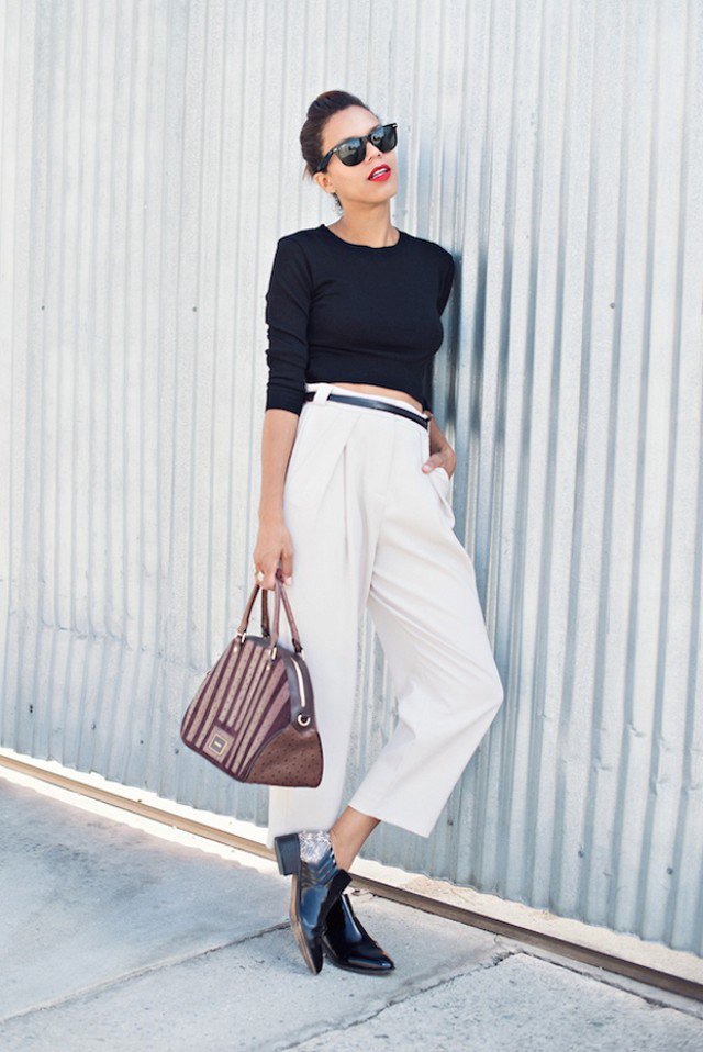 Black Crop Top and Flared White Pants via