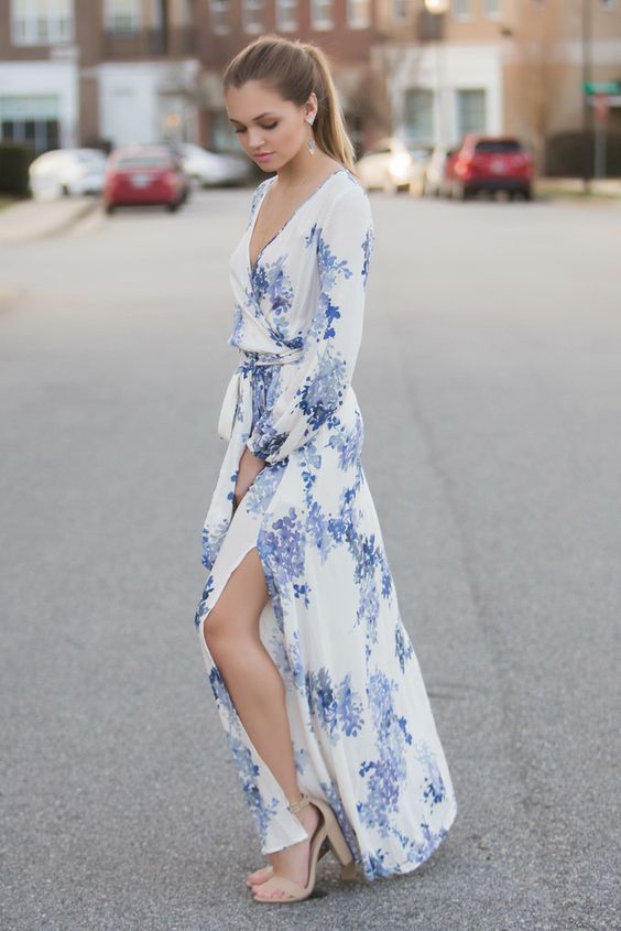 Blue Floral Maxi Dress and Nude High Heels via