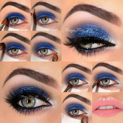Blue Glitter Eye Makeup via