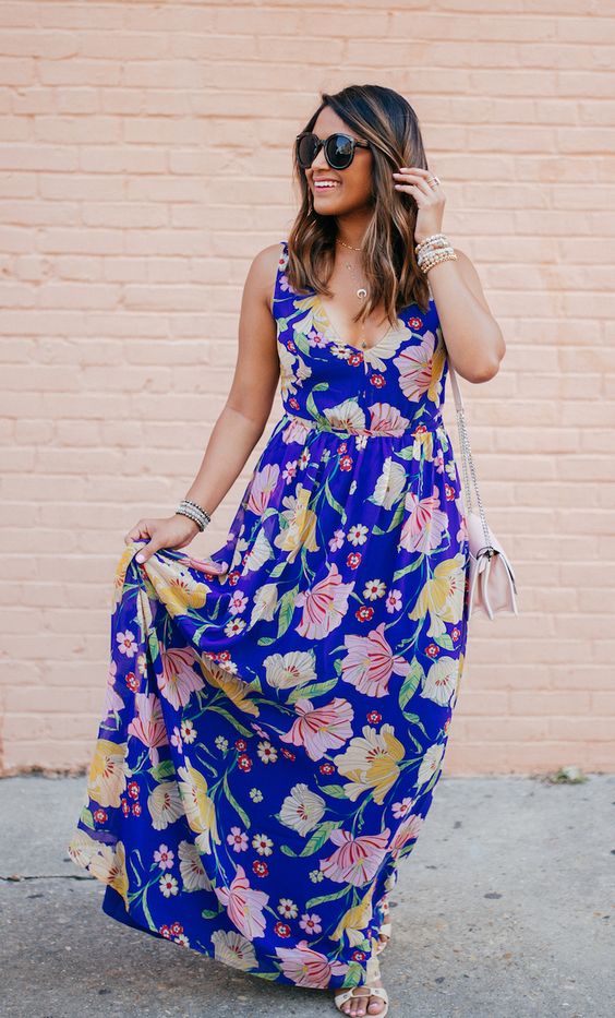 Blue Maxi Dress and Pink Handbag via