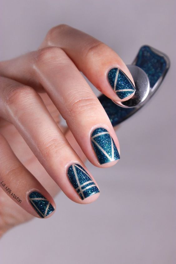 Blue Nails with Sliver Lines via