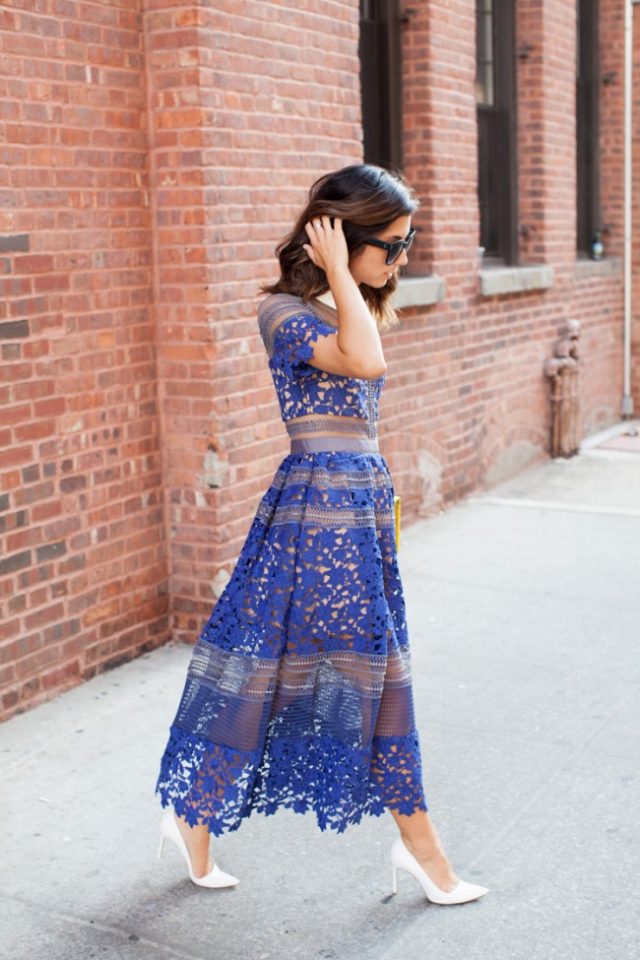 Blue Sheer Lace Midi Dress via