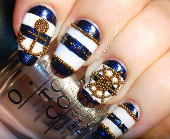 Blue and White Nails with Jewels via