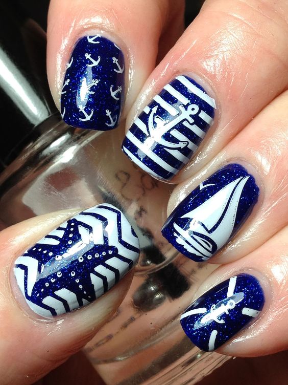 Blue and White Nautical Nails via