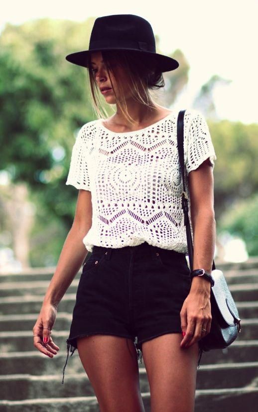 Crochet Top and Black Shorts via