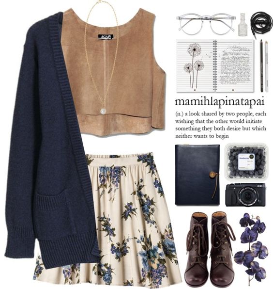 Crop Top, Floral Skirt and Blue Cardigan via