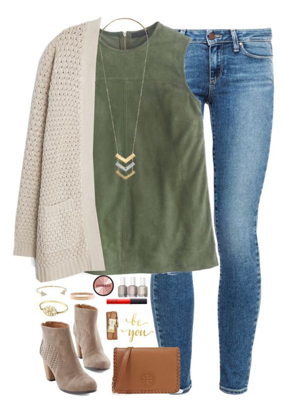 Green Top, Jeans and White Cardigan via