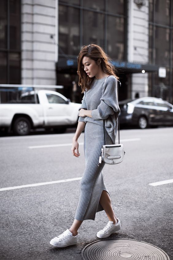 Grey Knit Dress and White Shoes via