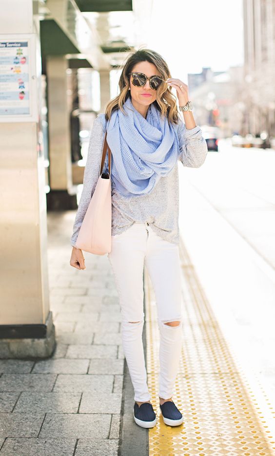 Grey Top, White Pants and Blue Scarf via