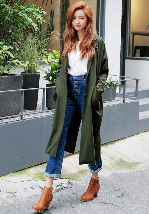 High Waist Jeans and Green Trench Coat via
