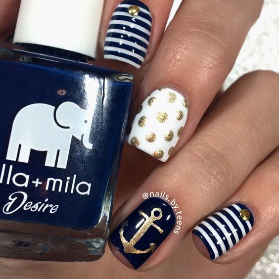 Nautical Nails with Dots and Anchors via