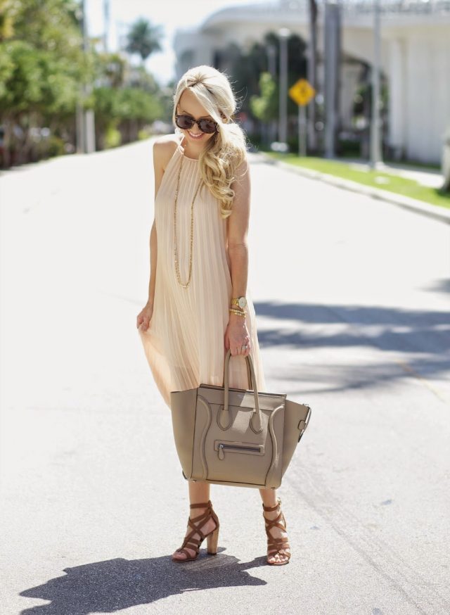Nude Dress and Brown Sandals via