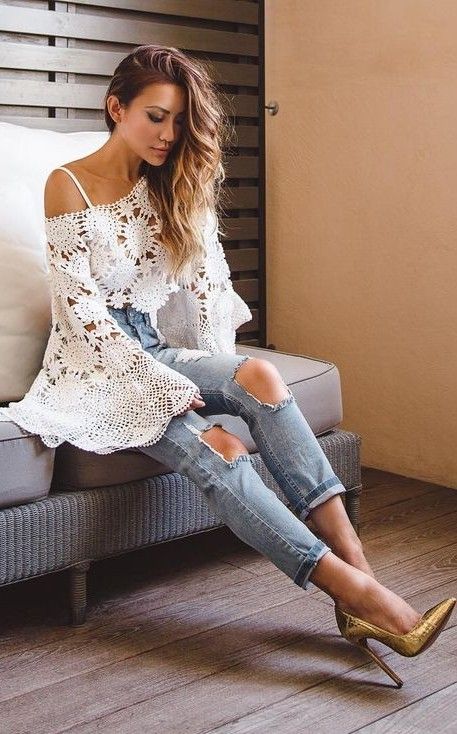 Off-shoulder hæklet Top via