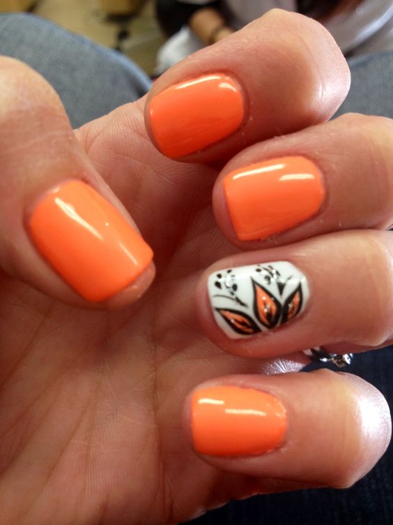 Orange Nails with Leaves via