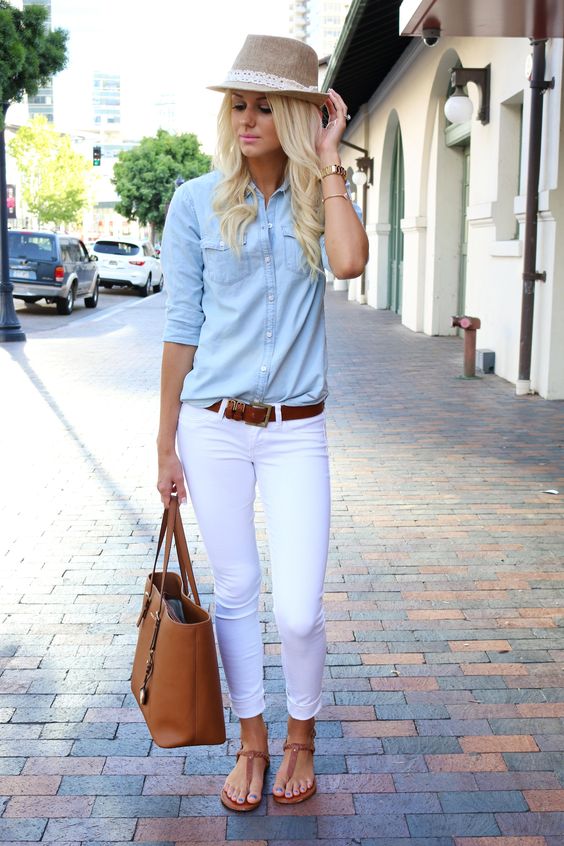 Pale Blue Top and White Pants via