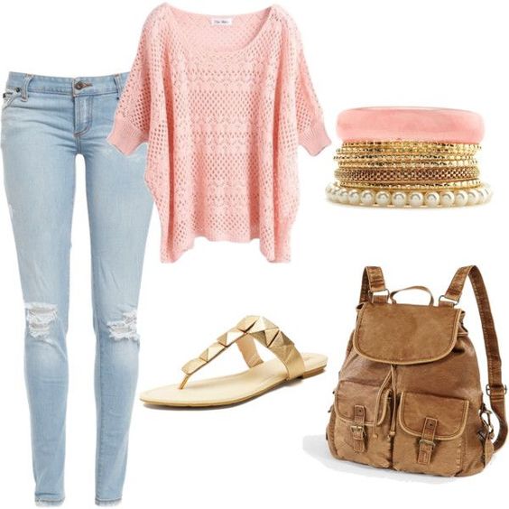 Pink Crochet Top, Pale Jeans and Sandal Flats via