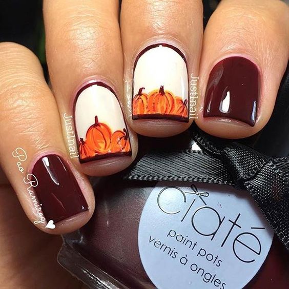 Red and White Nails with Pumpkins via