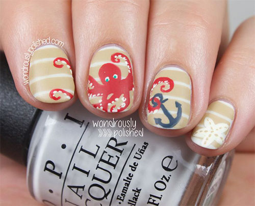 Striped Nails with Octopus and Anchor via