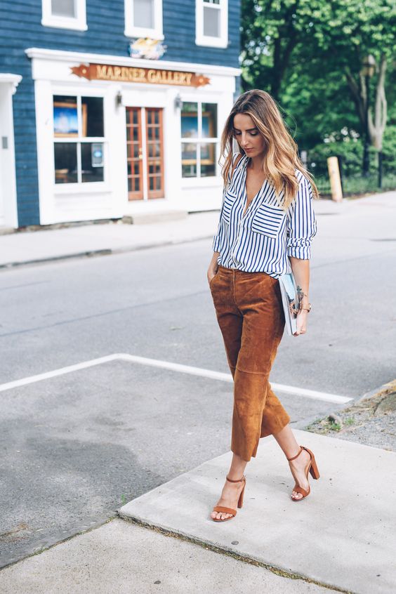Striped Shirt and Brown Cropped Top via