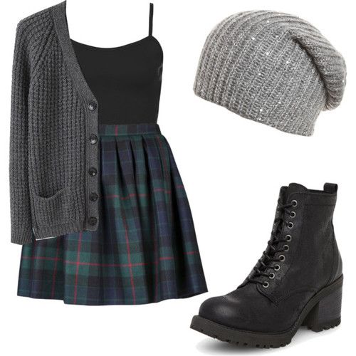 Tartan Skirt and Grey Cardigan via