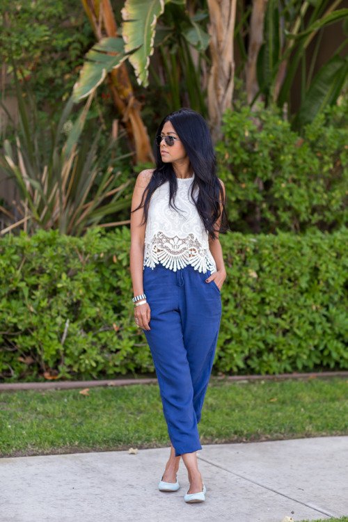 White Crochet Top and Blue Wide-leg Pants via