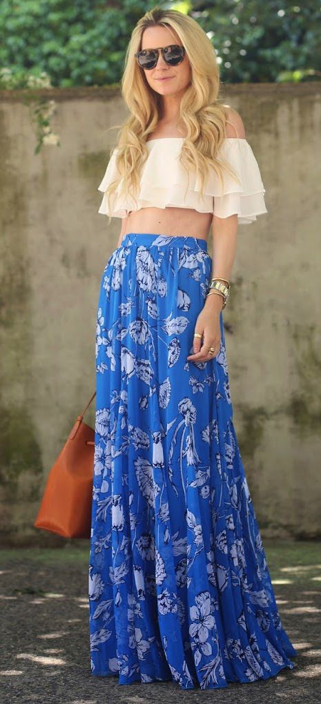 White Crop Top and Patterned Skirt via