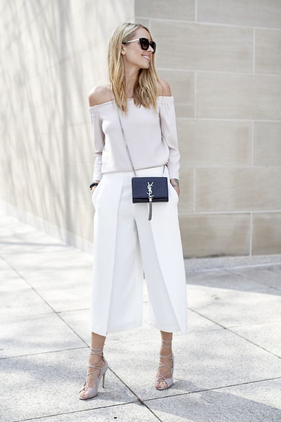 White Flare Pants and Off-shoulder Top via