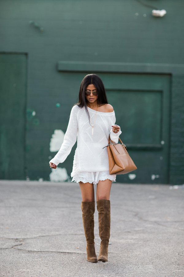 White Knit Dress and Brown Boots via