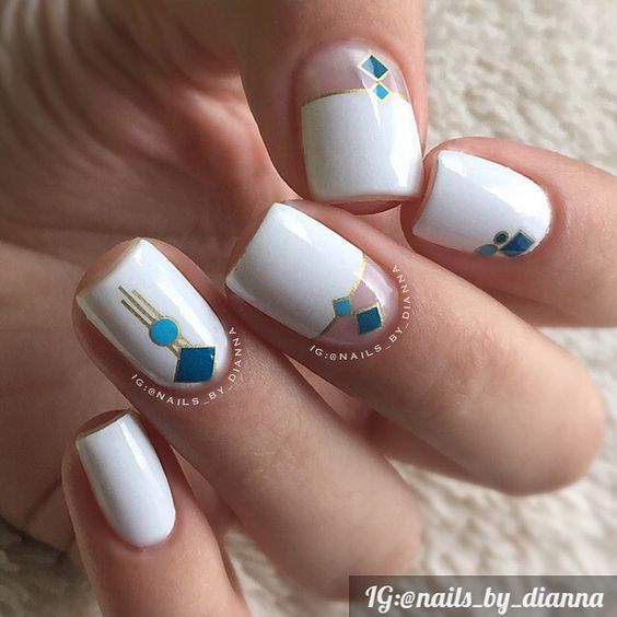 White Nails with Blue Squares via
