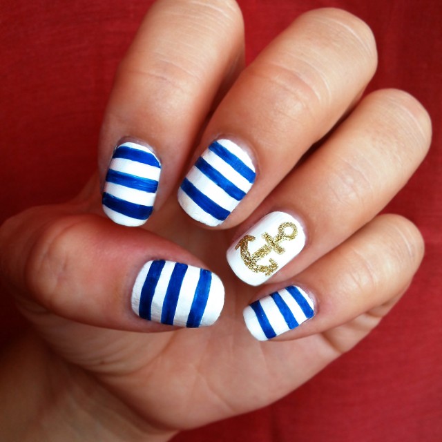 White Nails with Blue Stripes via
