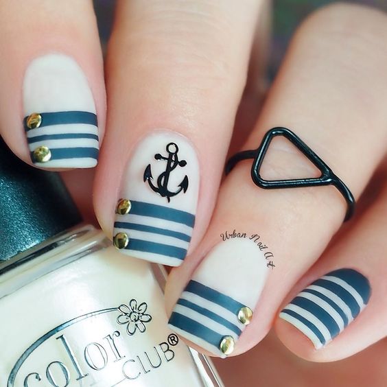 White Nautical Nails with Anchor and Stripes via