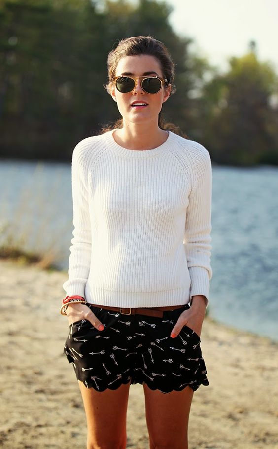 White Sweater and Patterned Shorts via