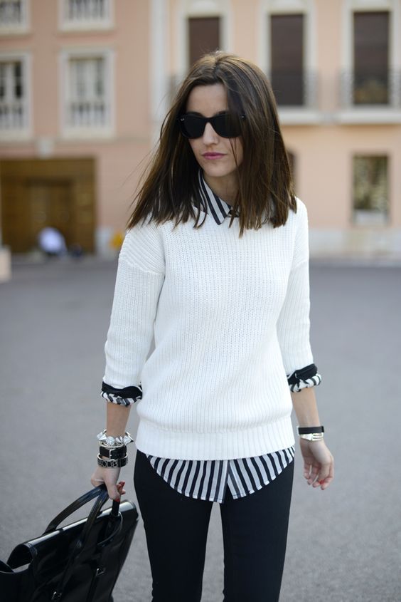 White Sweater and Striped Shirt via