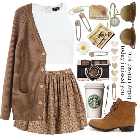 White Top, Floral Skirt and Brown Cardigan via