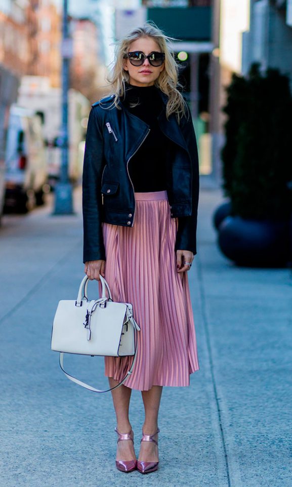black-jacket-and-pink-metallic-skirt via