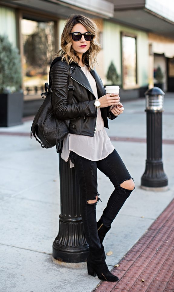 black jeans leather jacket outfit