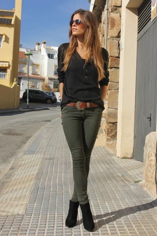 Black Top and Khaki Pants via