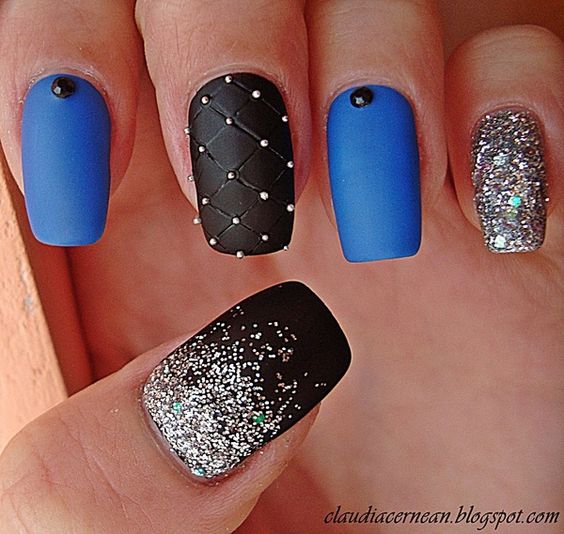 Black and Blue Nails with Glitter via