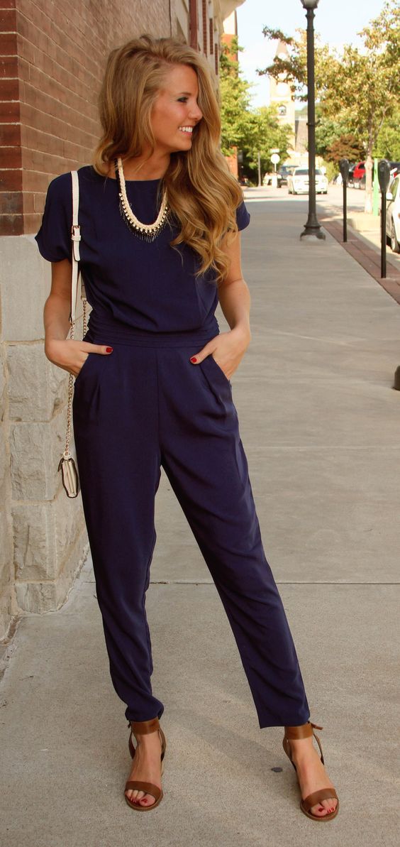 blue-jumpsuit-with-brown-sandals via