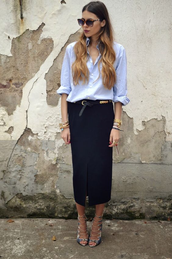 blue-shirt-and-black-skirt via