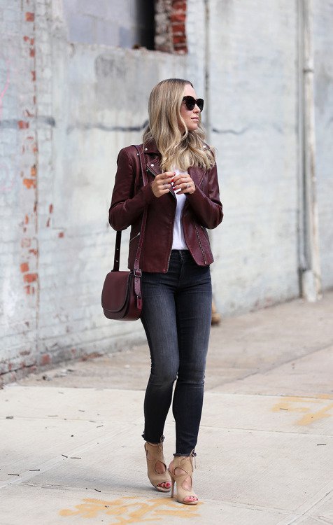 burgundy and denim outfits