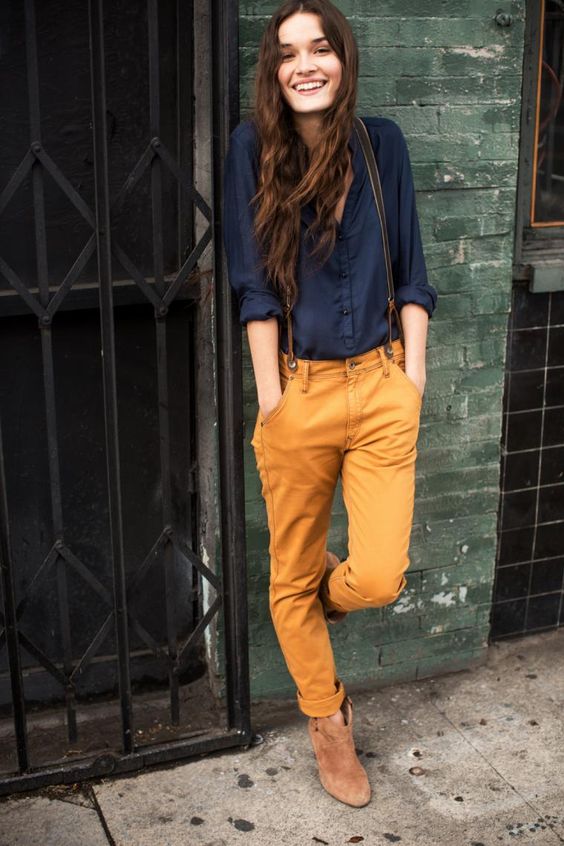 deep-blue-top-and-mustard-pants via