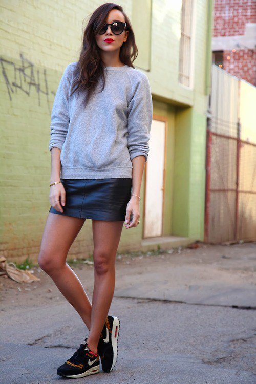 Grey Jumper and Leather Skirt via